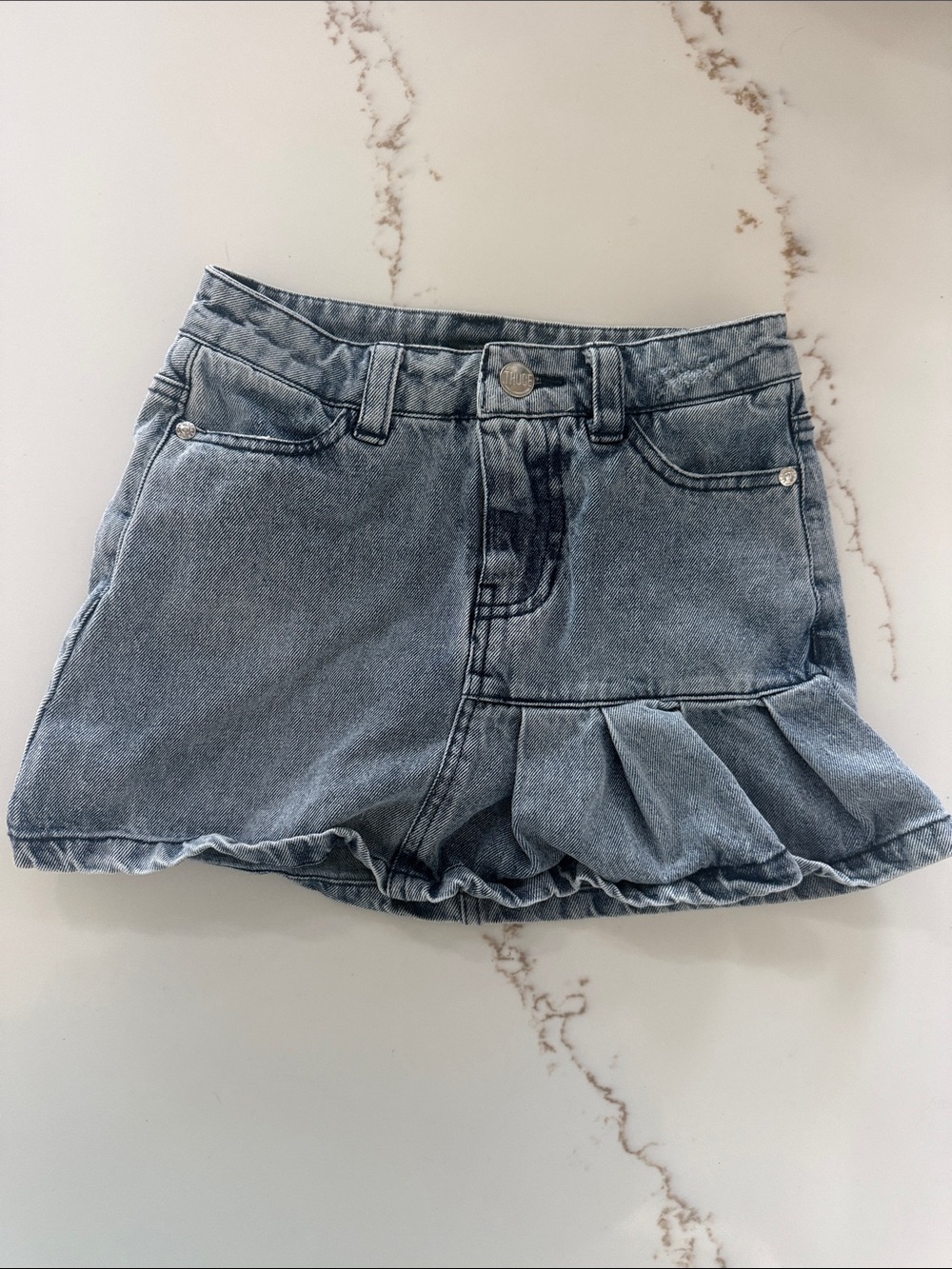 Girls Denim Skort with Ruffled Hem - Light Blue